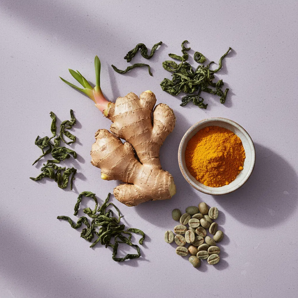 Groene thee extract voedingssupplement kopen - botanische ingrediënten flatlay voor Ozalyn